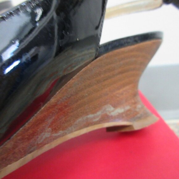 Franco Sarto Square-Toe Wood Heel Sandals Women 7.5 Black Patent Leather y2k 332 - Picture 3 of 12